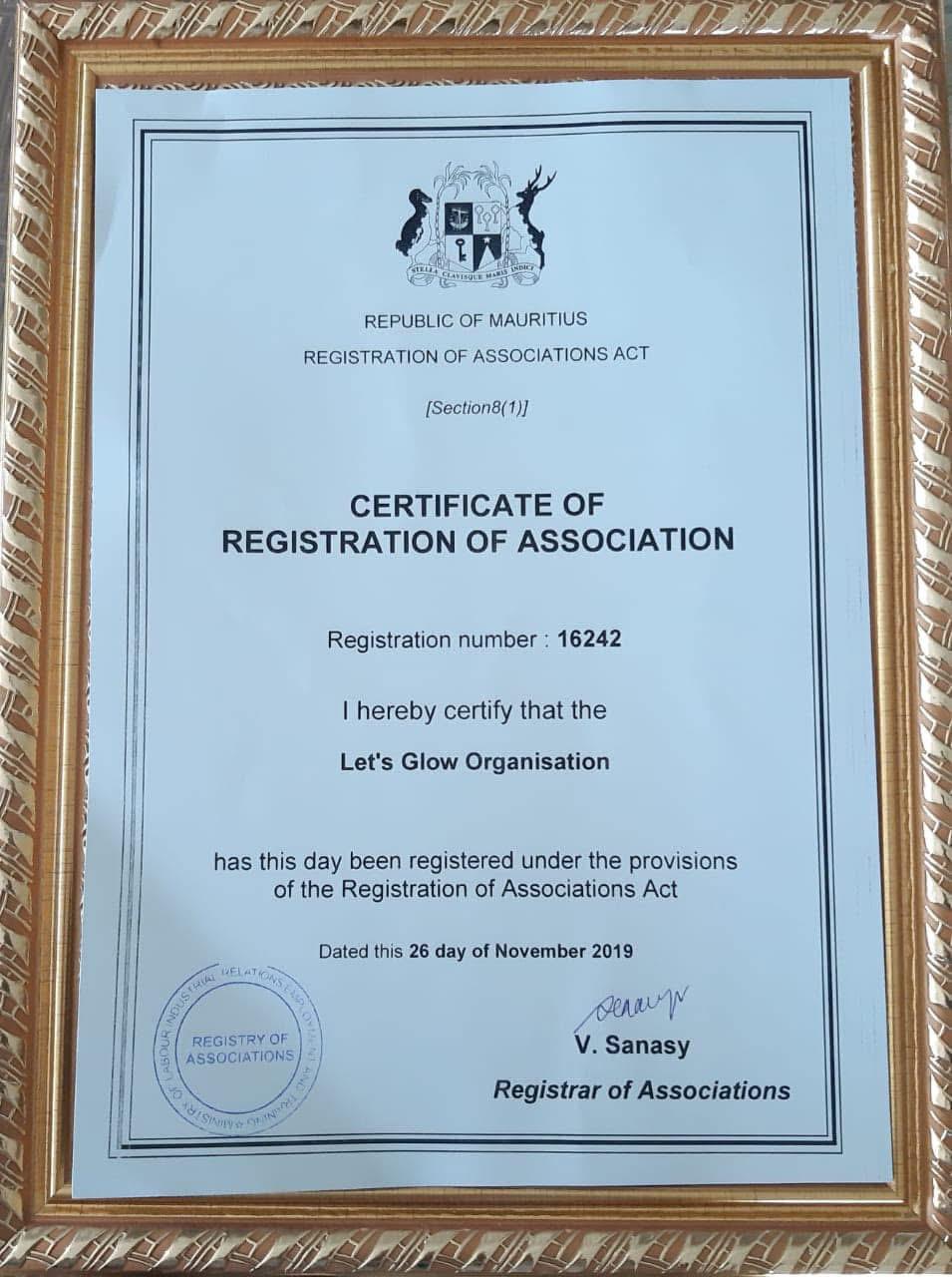 Certificate of Registration of Association for Let's Glow Organisation, Republic of Mauritius, registration number 16242